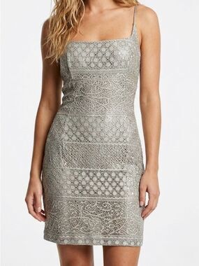 Vintage Bari Jay Silver Metallic Lace Dress Women's Small 90s Y2K Mini Sheath
